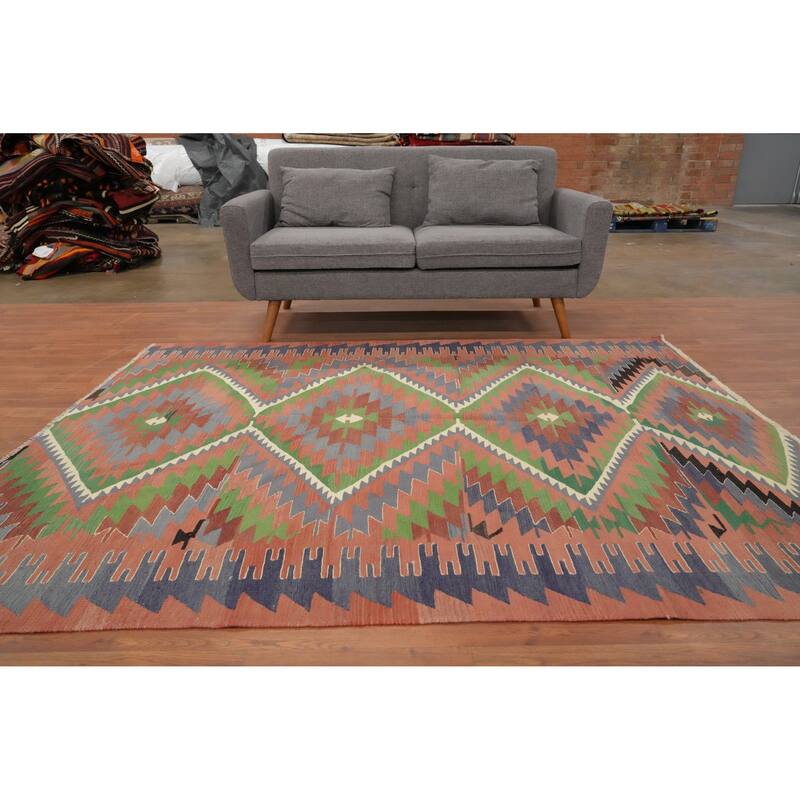 Hand Woven Oriental 100% Wool Carpet Southwestern Tribal Coral Kilim Area Rug - 7' 8'' X 6' 1''