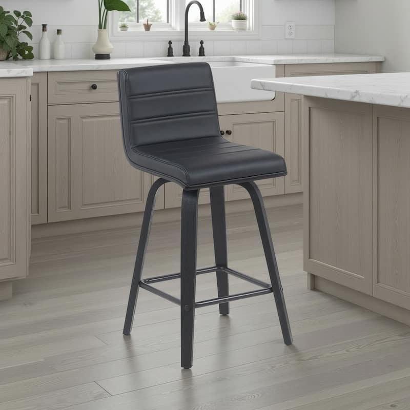 Skara Mid-Century Swivel Counter Stool, Upholstered Counter Height Chair with Bentwood Legs - Black & Black Brushed
