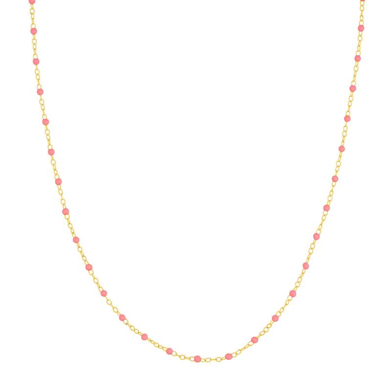 Curata 14k Yellow Gold 18" Light Pink Enamel Bead Piatto Chain Necklace (Spring-ring)