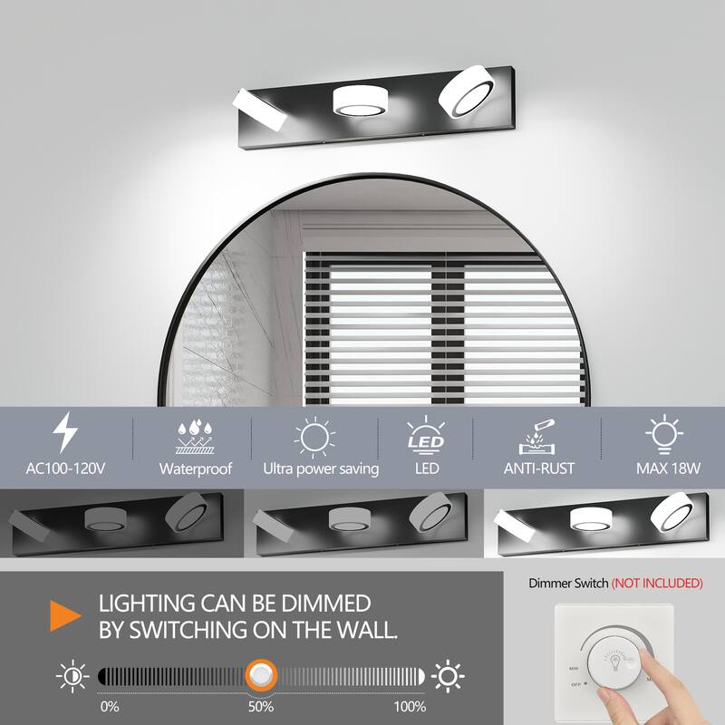 LED Modern 3 Light White Rotating Oval Acrylic with 21 Inch Vanity Light Over Mirror Lighting Fixture