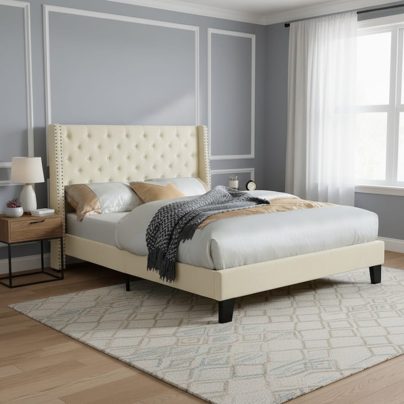 Mid-Century Tufted Platform Bed with Nailhead Trim - Beige - Full