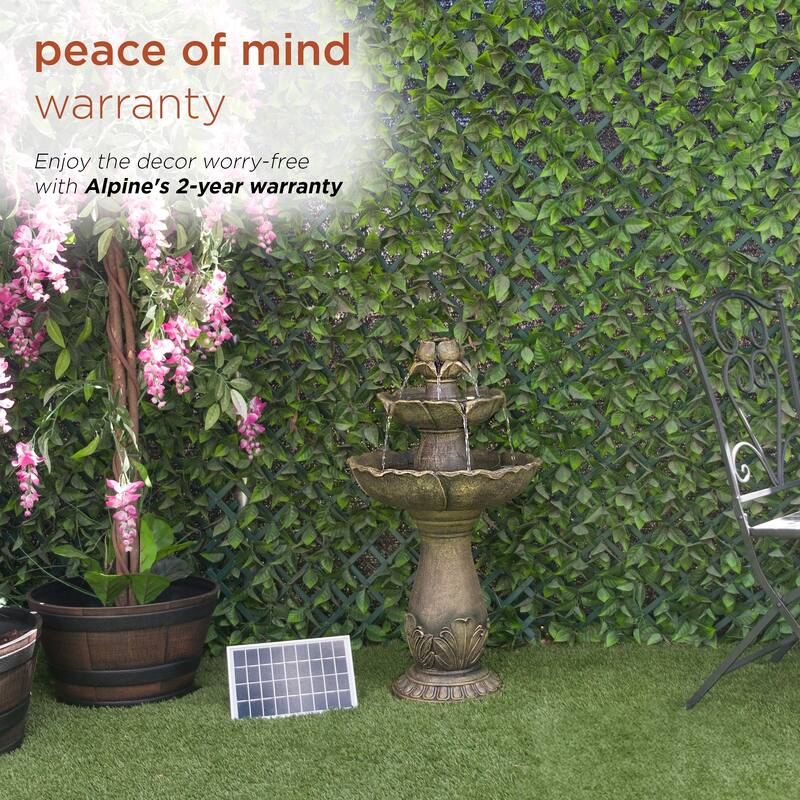 Alpine Corporation USA142SLR 34" Solar Flower Style 2-Tiered Water Fountain Elegant Outdoor Waterfall Feature for Garden