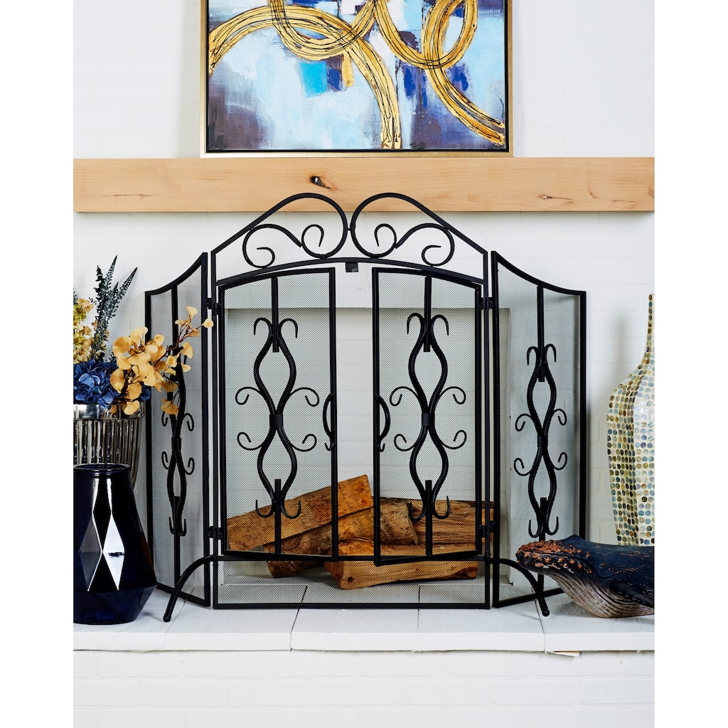 Gray Metal Foldable Mesh Netting 3 Panel Scroll Fireplace Screen
