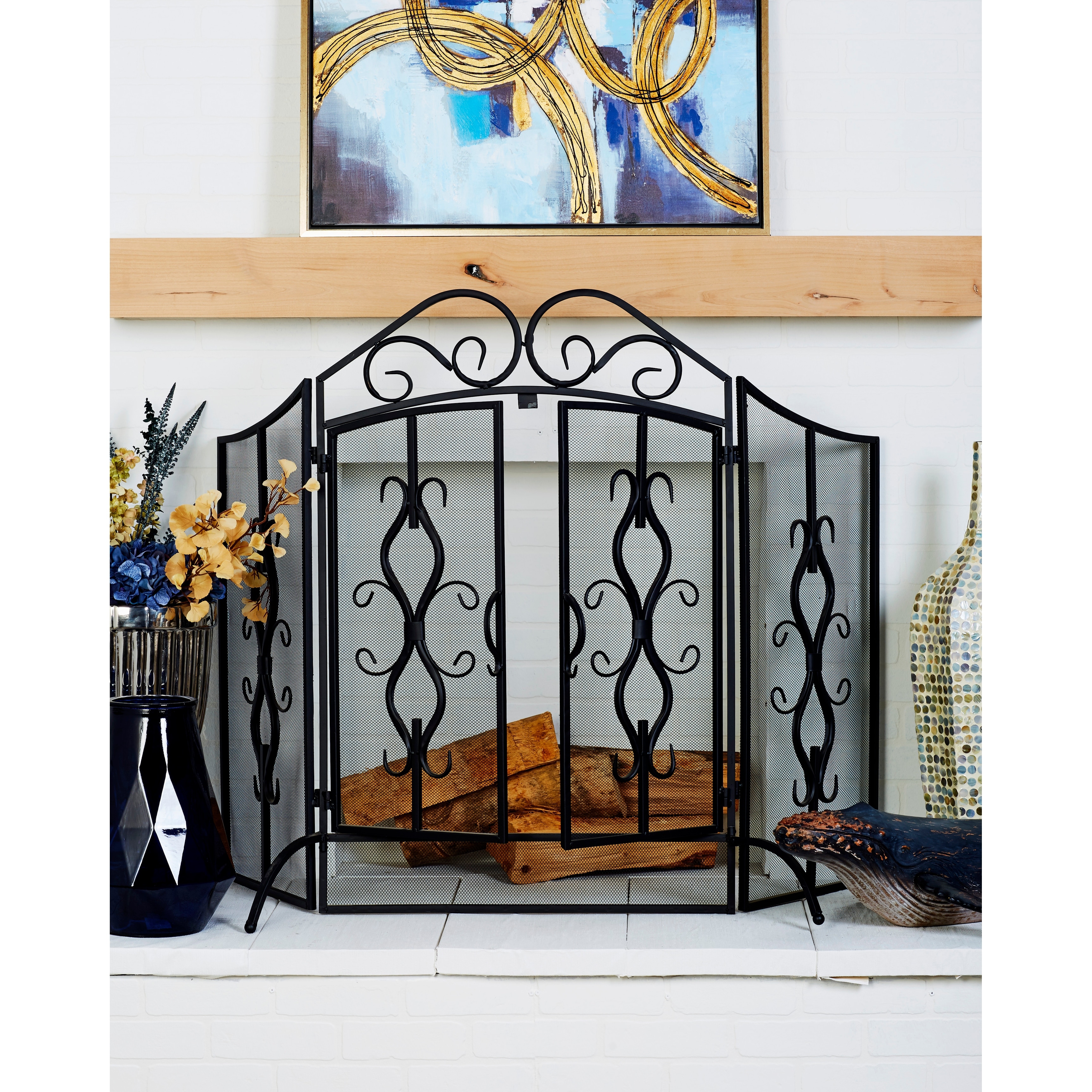 Black Metal Foldable 3 Panel Scroll Living Room Fireplace Screen with Center Door Panels