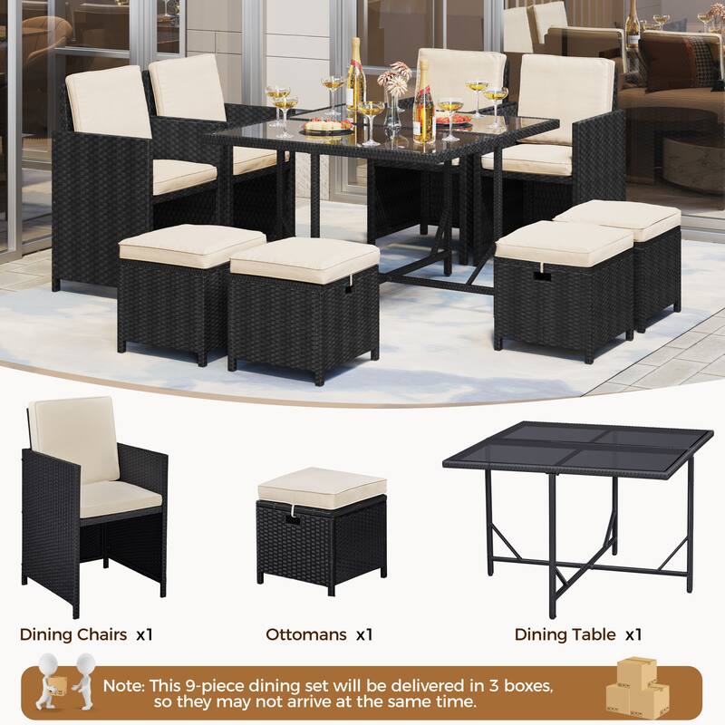 Yaheetech 9-Piece Patio Dining Set with Glass Table & Ottomans for Lawn, Backyard, Black/Beige