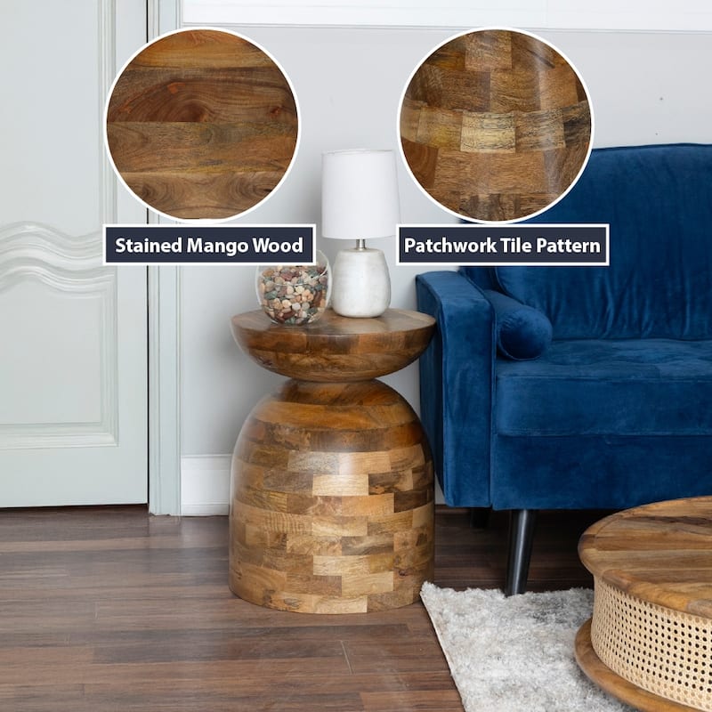 Mango Wood Round Side Table - 16" Accent Table with Patchwork Tile Design - Natural Finish, Assembled