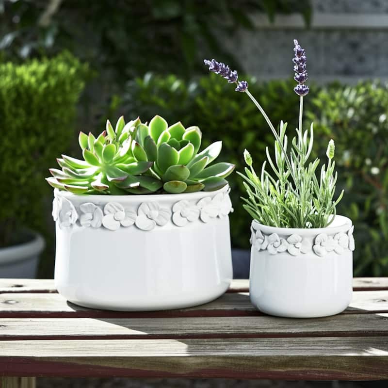 Ceramic Round Planter Sculpted Floral Rim Detail and Drainage Hole