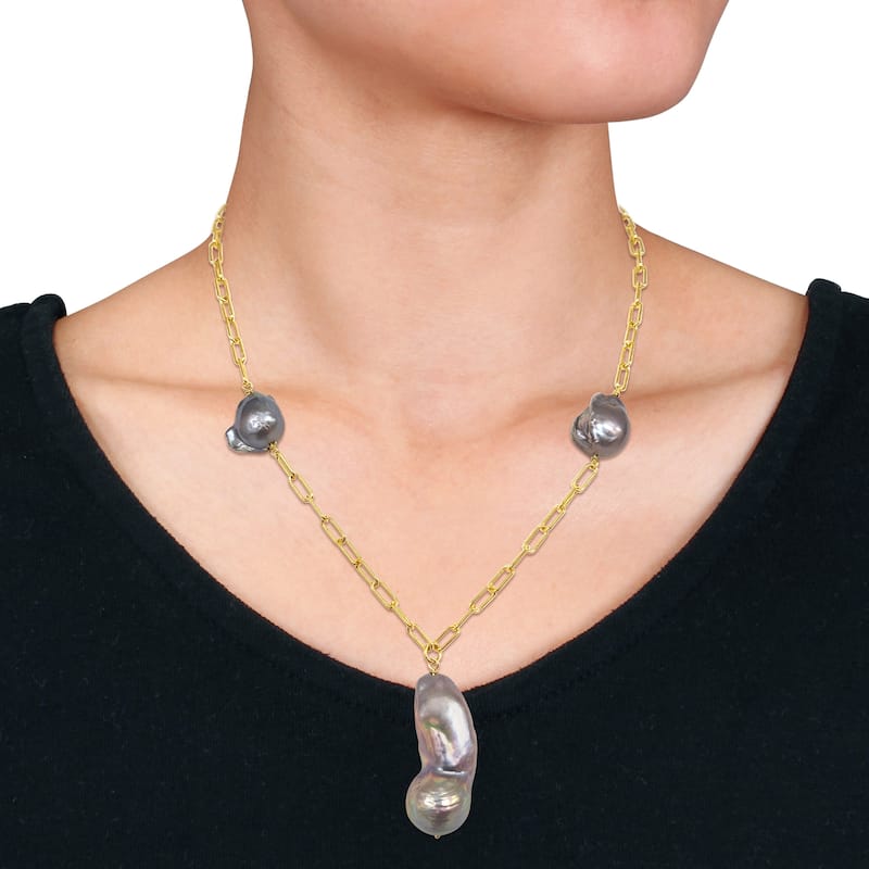Miadora 13-15mm Grey Cultured Freshwater Baroque Pearl Lariat Necklace with 3.5mm Paperclip Link Chain in Yellow Silver