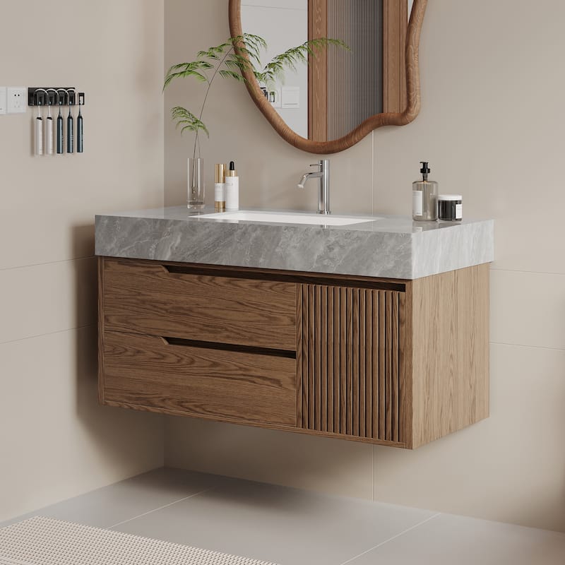 36"Mid Century Modern Wall-Mounted Bathroom Vanities,Single Sink,Brown Wood Texture with Sintered Stone Table top