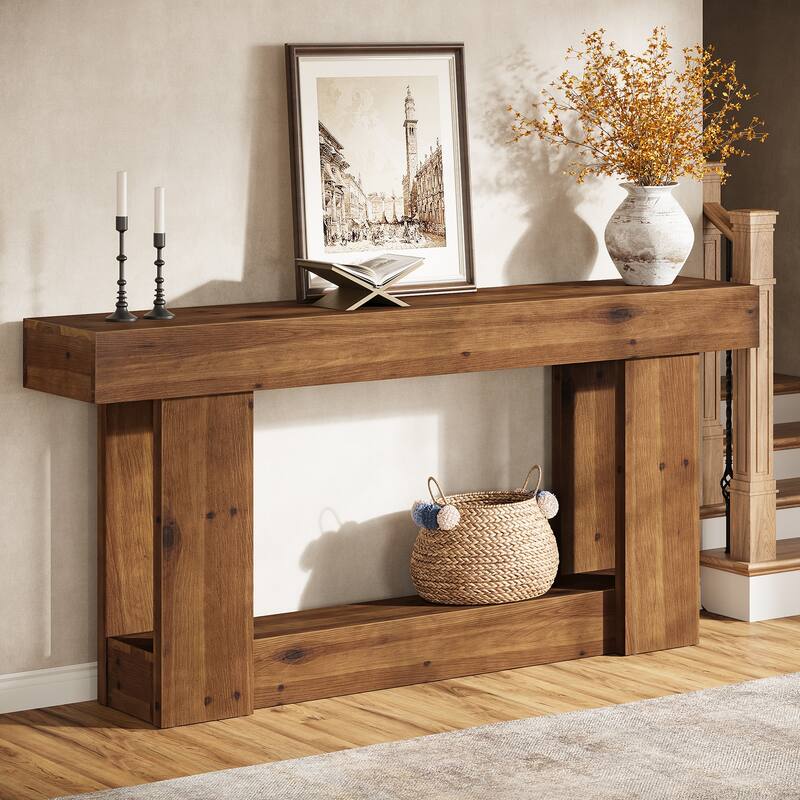 Solid Wood Console Table, 63" Farmhouse Sofa Table Behind The Couch - 11.81" D x 63" W x 33.46" H