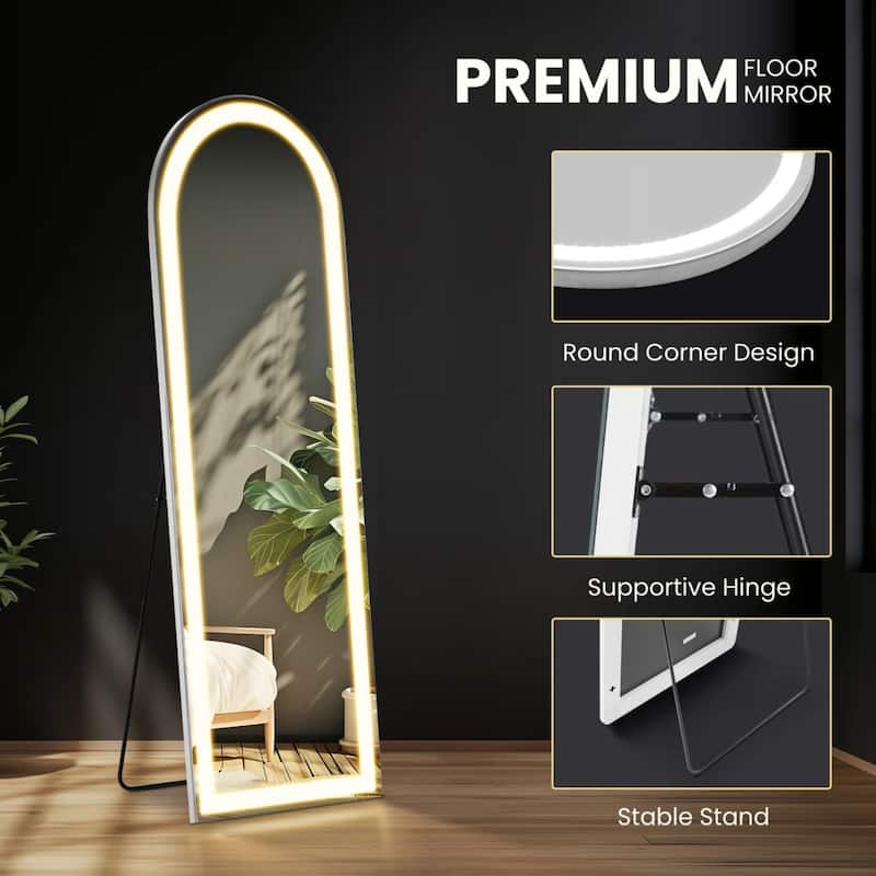 Arched Full Length Mirror with LED Lights, 26"x71" Lighted Floor Mirror with Dimming & 3 Color Lighting, Stand