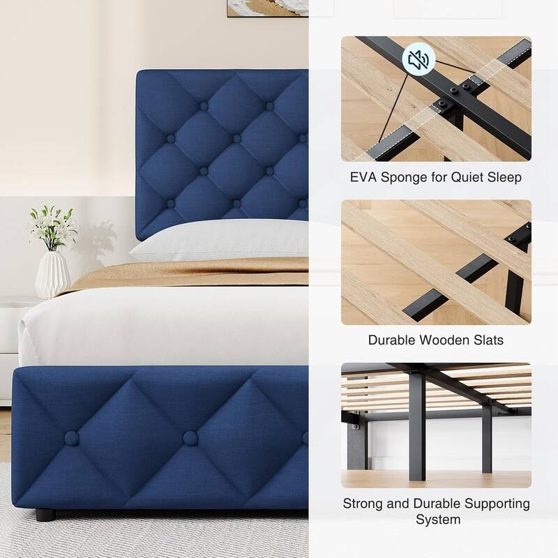Upholstered Bed with 4 Drawers and Adjustable Button-Tufted Linen Headboard