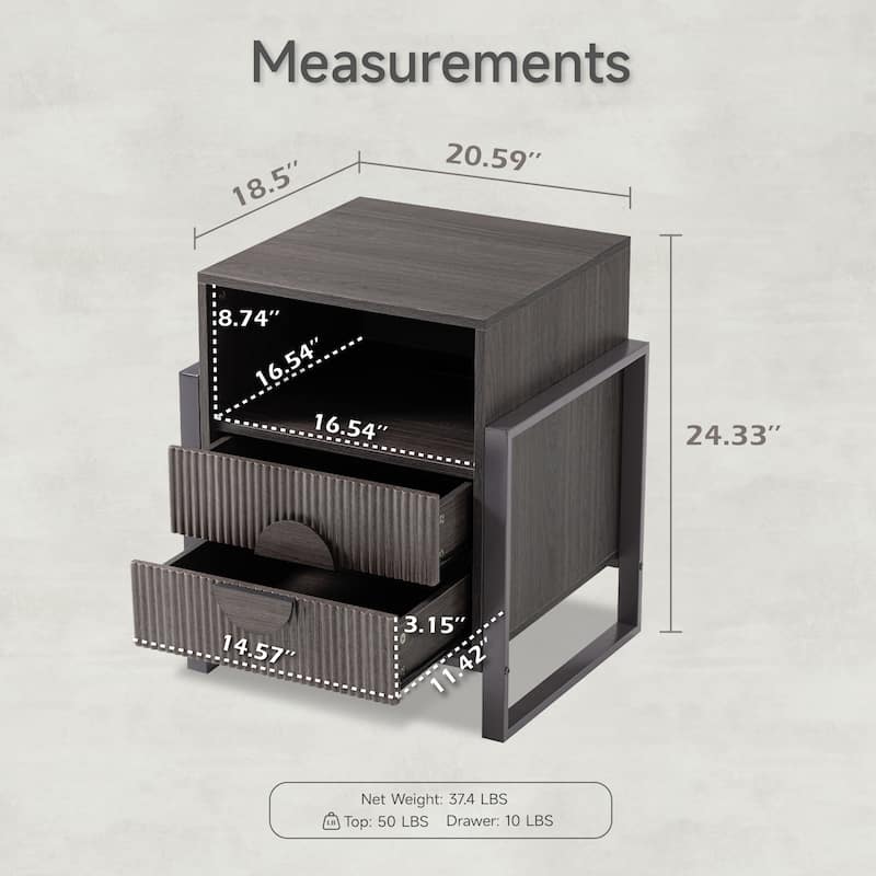 COZAYH Mid-Century Fluted 2-drawer Nightstand, Farmhouse Nightstand with USB Charging Ports, Grey Wash