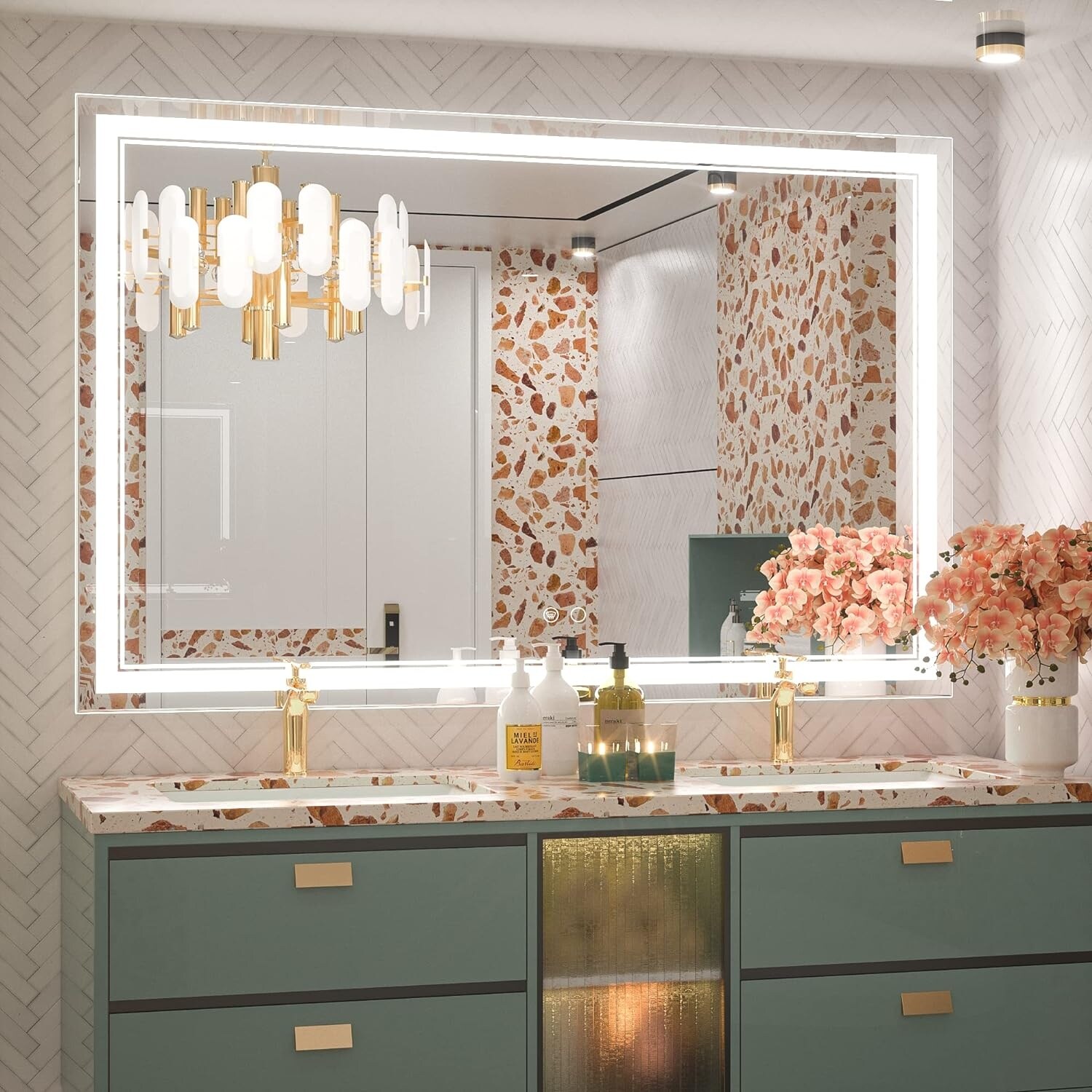 thumbnail image 2 of 40" X 32" LED Bathroom Mirror – Wall Mounted, 3-Color Touch, Anti-Fog, Bluetooth, Modern White Frame 2 of 5