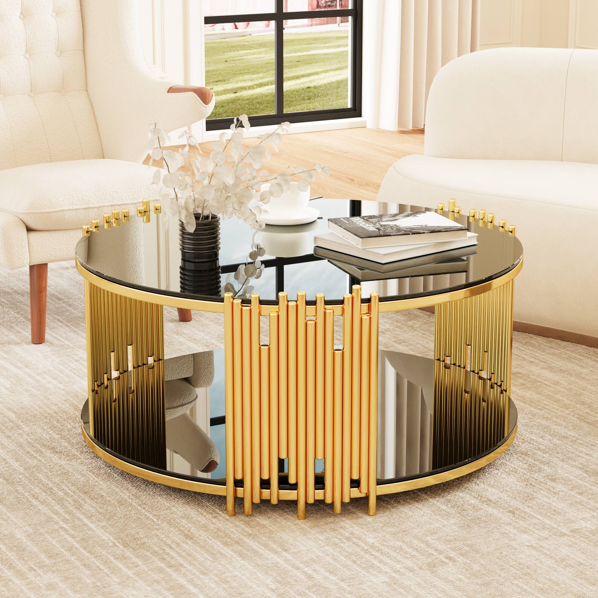 Modern minimalist light luxury style stainless steel circular coffee table, black tempered glass countertop, living room coffee