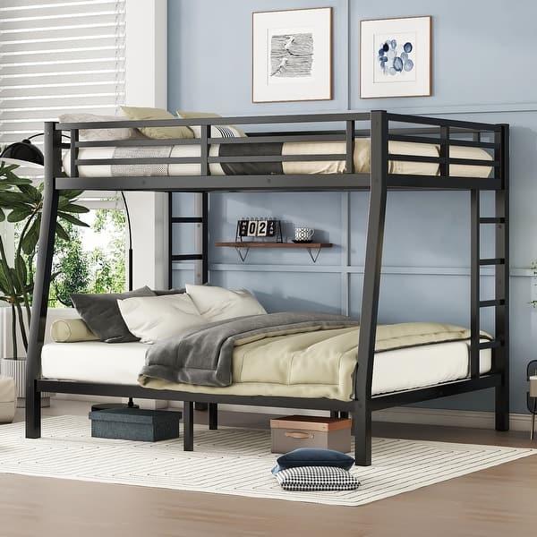slide 2 of 11, Industrial Full XL over Queen Metal Bunk Bed with Ladder and Guardrail for Teens and Adults Black