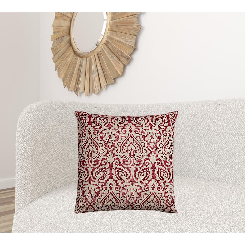 Red Natural Distressed Damask Throw Pillow