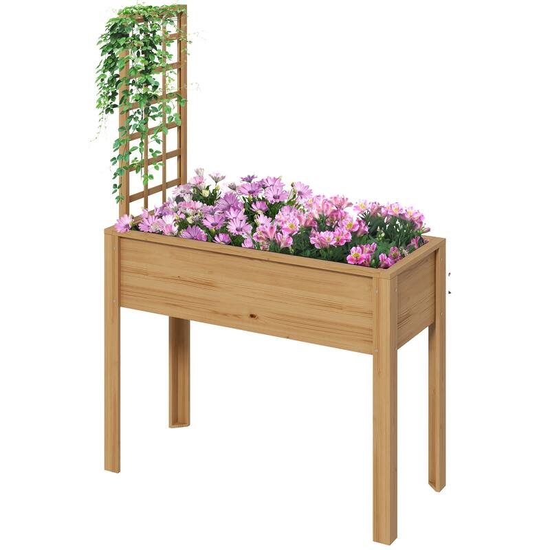 Elevated Wood Garden Bed Planter Box with Grid Trellis, Self-Draining