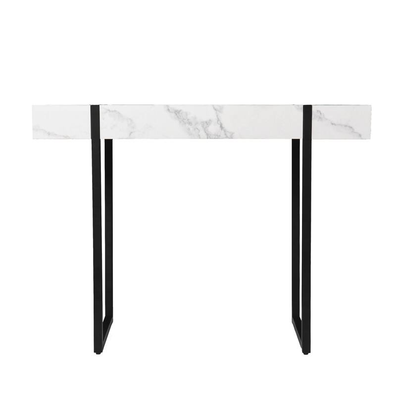White Faux Marble Rectangular Console Table with Black Iron Sled Base - 9.25” L x 15.5” W x 29.75” H - White-Black