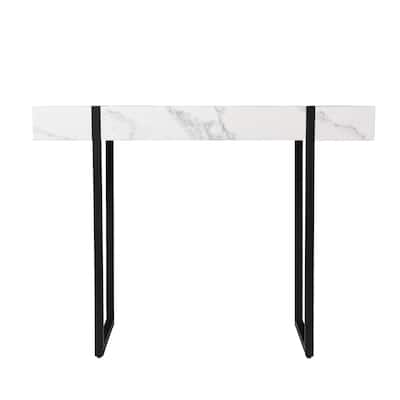 White Faux Marble Rectangular Console Table with Black Iron Sled Base - 9.25” L x 15.5” W x 29.75” H