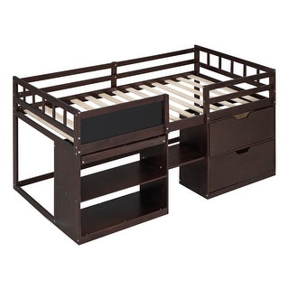 Twin Loft Bed with Rolling Desk, Blackboard, Shelves & Drawers - Space-Saving