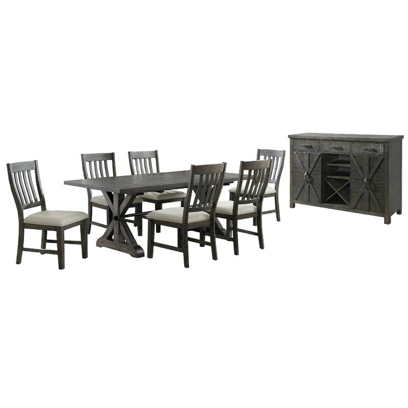 Extendable Dining Table Set for 8 - Rectangular Table with Wine Rack & 6 Chairs - Distressed Gray Finish