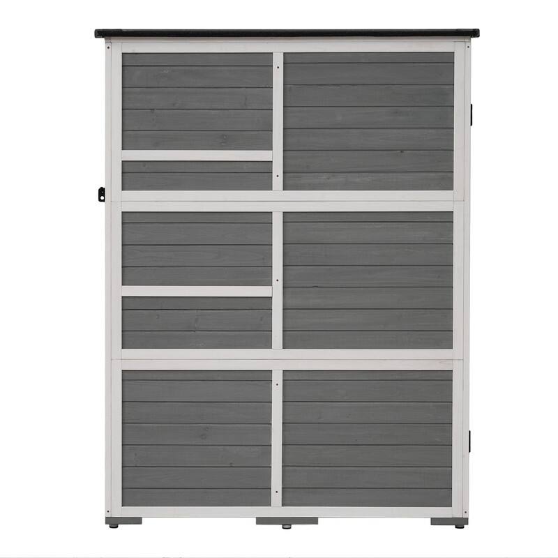 5.5ft Hx4.1ft L Outdoor Wooden Storage Shed With Waterproof Asphalt Roof, Four Lockable Doors, And Multi-Tier Shelves - White+gray