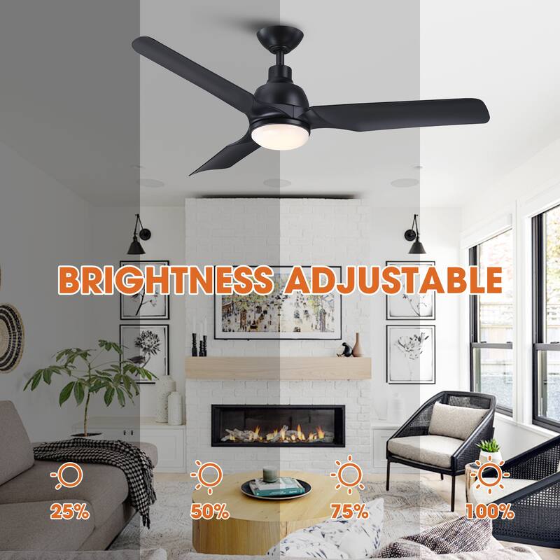 52" Black ABS 3-Blade Modern Dimmable LED Ceiling Fan with Remote