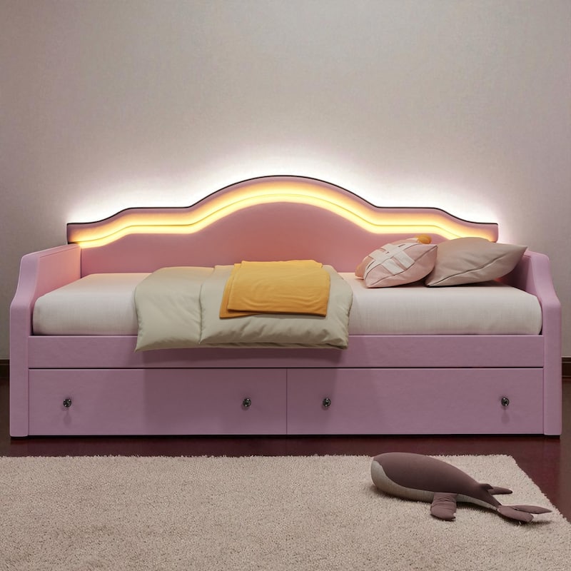 Twin/Full Size Upholstered Daybed with LED Lights, 2 Storage Drawers, Velvet Frame, No Box Spring Required