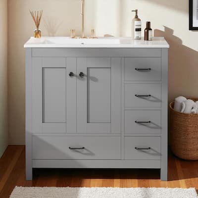 36" Bathroom Vanity with Ceramic Sink, Freestanding Cabinet with 2 Soft Close Doors and 5 Drawers, Solid Wood Frame