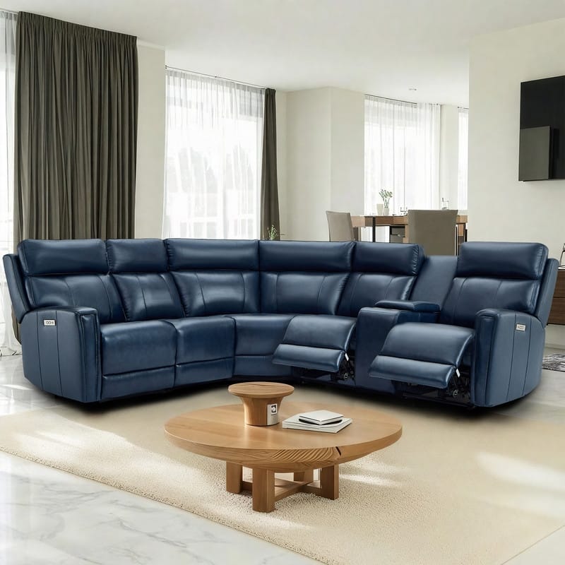 116" W L-Shaped Genuine Leather Power Reclining Sectional Sofa with Console, Ajustable Headrest, USB PortS, 1 Power Armlesschair - Blue