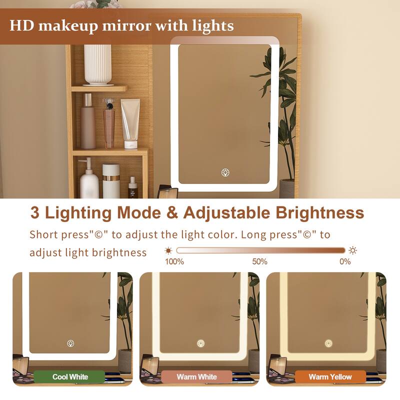 Compact Vanity Table with LED Mirror, Charging Station, Hairdryer Holder, Storage Drawers & Stool for Small Bedrooms
