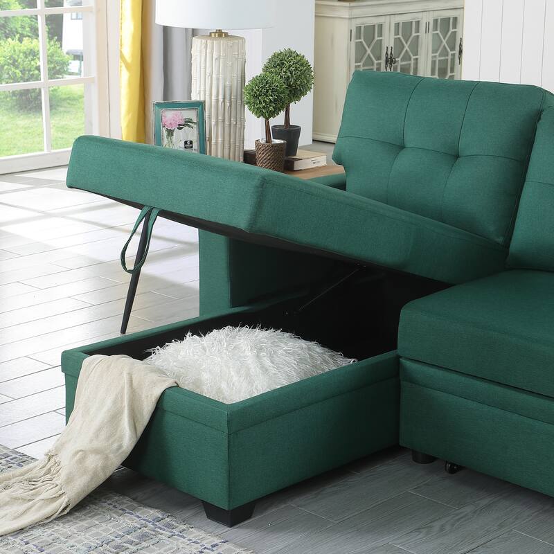 Green Linen Upholstered Pull out Sectional Sofa with Chaise