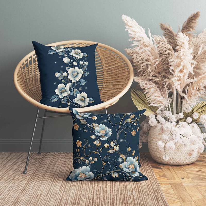 Teal Flowerscape Faux Suede Reversible Throw Pillow Dark and Blue