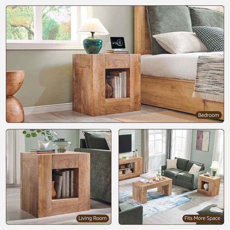 Modern Nightstand with Charging Station, End Table w/Hidden Drawers
