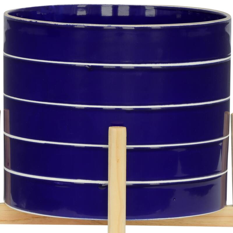 Sagebrook Home Modern Coastal Blue Striped Planter with Wood Stand Indoor/Outdoor
