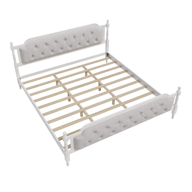 Linen Fabric Upholstered Tufted Headboard Wood Bed Frame