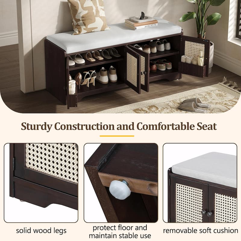 Rustic Storage Bench with Removable Cushion, Woven Rattan Doors & Adjustable Shelves