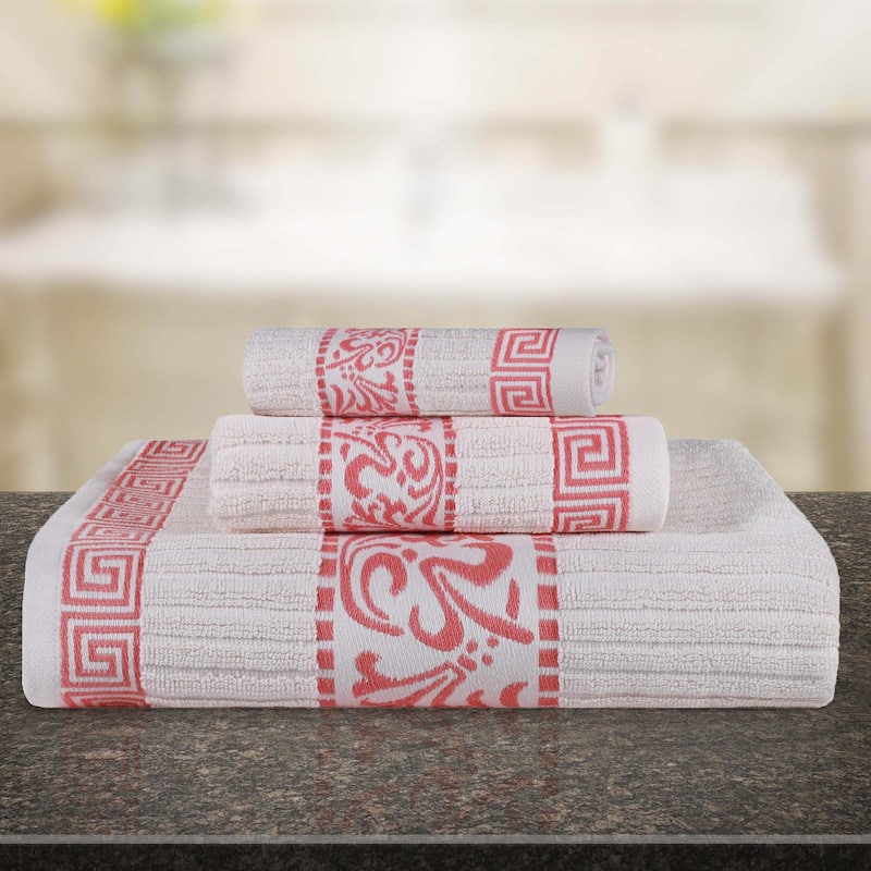 Superior Athens Cotton Floral Border Greek Key 3-Piece Towel Set - Ivory/Coral