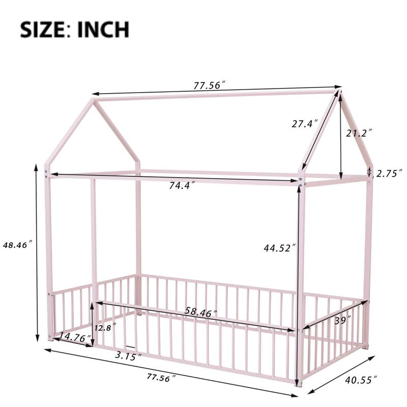 Kids' Twin/Full Metal House Bed Frame with Roof and Fence, Playful Sleep and Play Space, Sturdy Frame, Multiple Colors