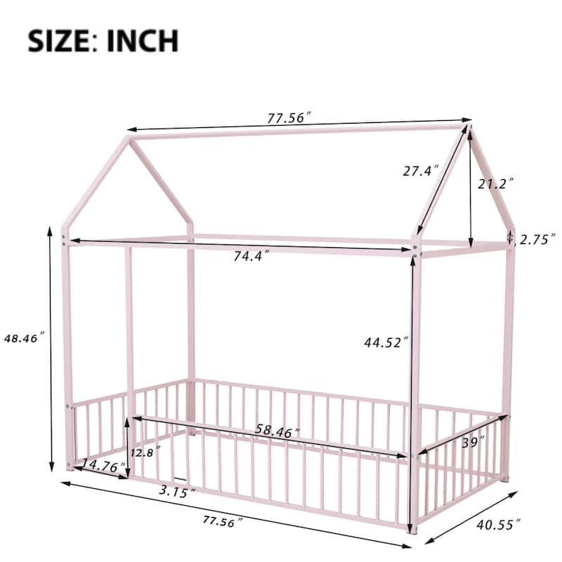Twin Size Metal Bed House Bed Frame with Fence, for Kids, Teens, Girls, Boys