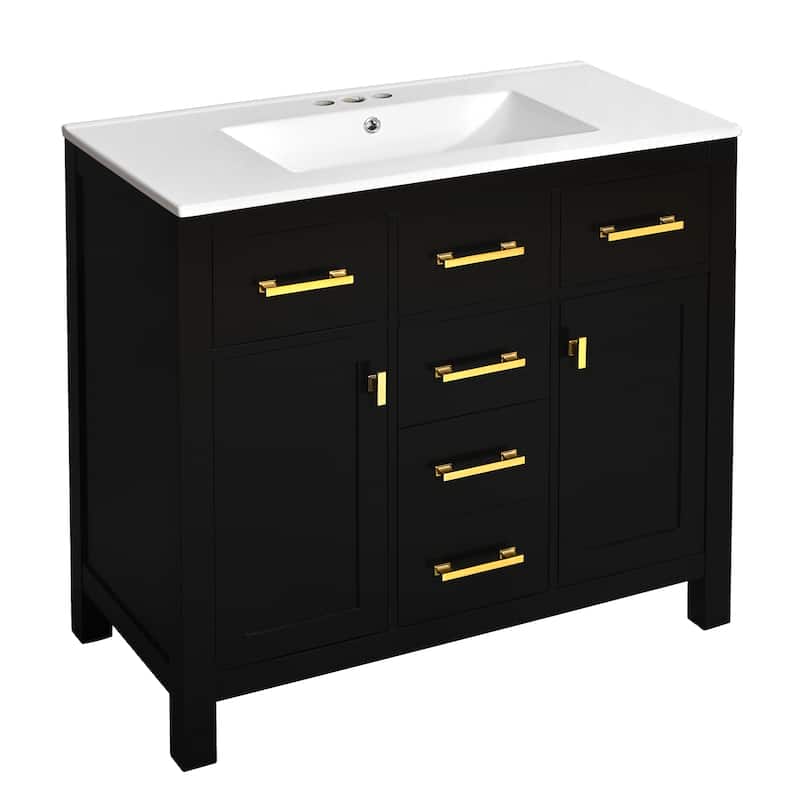 Roomfitters 36" Vanity with Ceramic Sink, Solid Wood Freestanding Cabinet with 4 Drawers and 2 Doors, Storage Unit for Bathroom