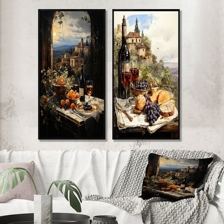 Designart "Italian Wine Savory Journey" Wine Framed Art Set Of 2 - Traditional Wall Art Set Brown Wall Decor 2 Pieces