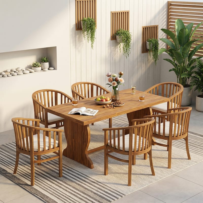 Christopher Knight Home - 7-Piece Outdoor Acacia Dining Set with Curved Back Armchairs, Slat Table & Water-Resistant Cushion - Cream+Natural Stained+Teak Finish