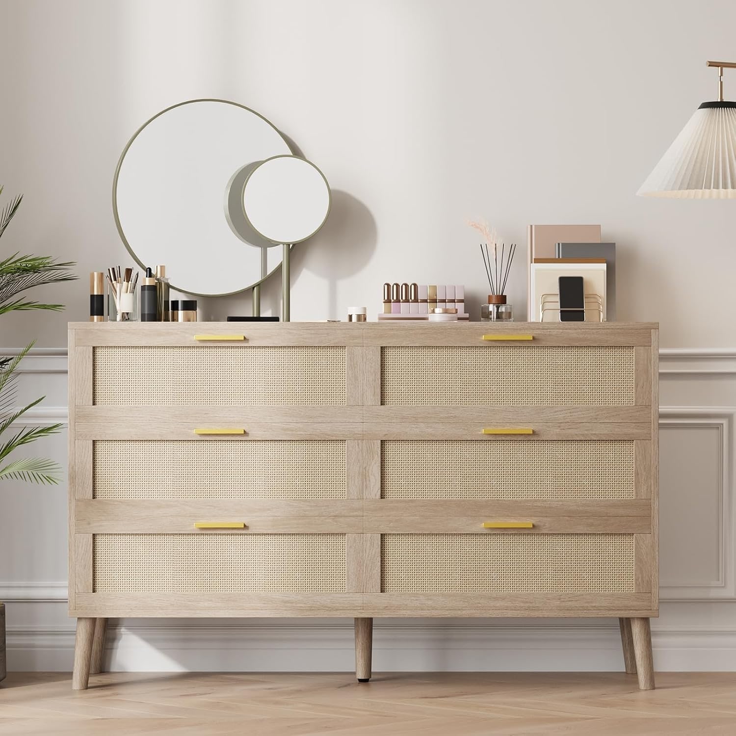 6 Drawer Natural Rattan Dresser with Metal Handles, Farmhouse Wooden Chest of Drawers for Bedroom Living Room