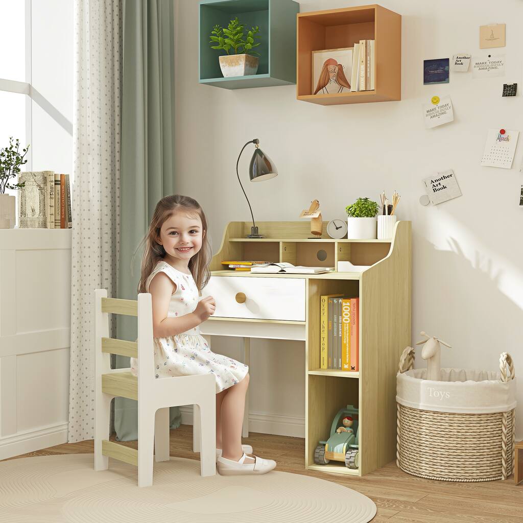 White and Natural Wood Kids Desk and Chair Set with Storage Drawer and Shelves MDF Study Table - 31.7" L × 19.7" W × 37.8" H