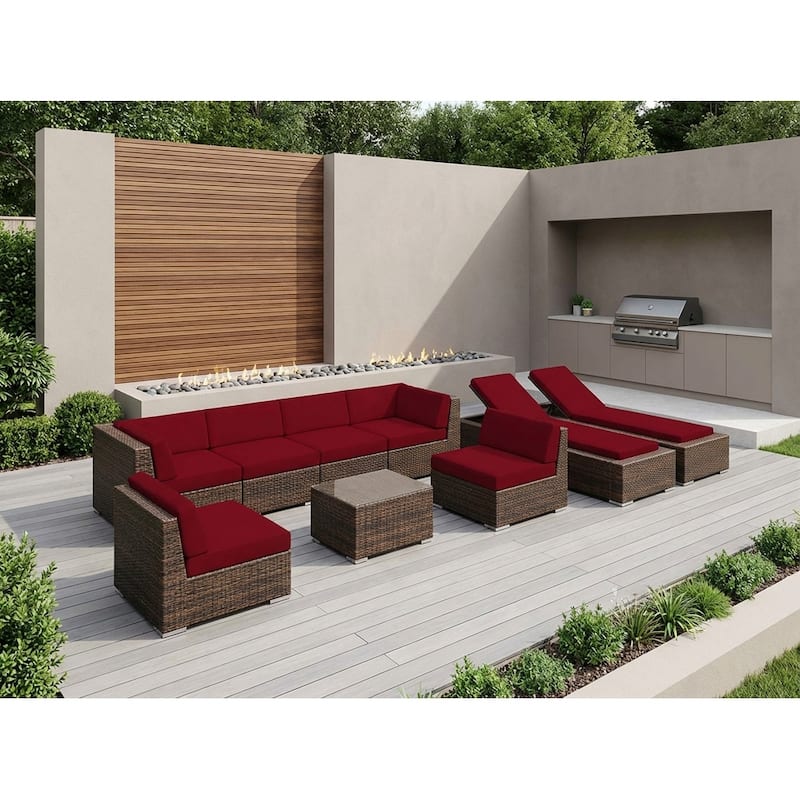 Ohana Outdoor Patio 9-piece Mixed Brown Cushioned Wicker Sofa Set - No Assembly - Sunbrella Jockey Red