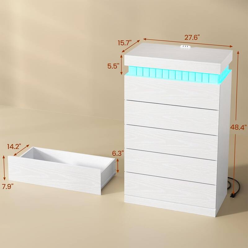 Bedroom Dresser Drawers with LED Light Power Outlet Chest of Drawer