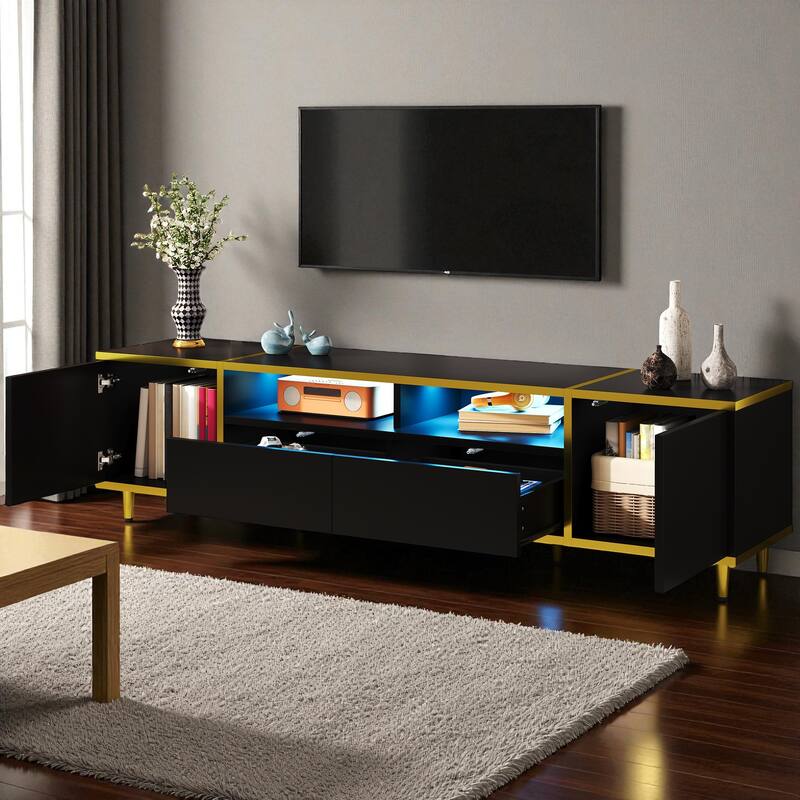 70.9'' Modern TV Stand for TVs up to 80'', Entertainment Center with LED Lights, 2 Cabinets, 2 Drawers & Metal Legs