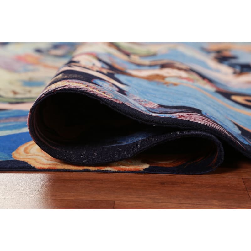 Hand Knotted Oriental Kork Wool Carpet Traditional All-Over Navy Blue & Blues Tabriz Area Rug - 6' 11'' X 4' 9''